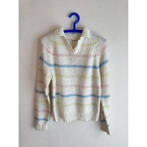 Vintage 80s Carriage Court Pastel Striped Knit Hoodie Sweater – Made in Taiwan